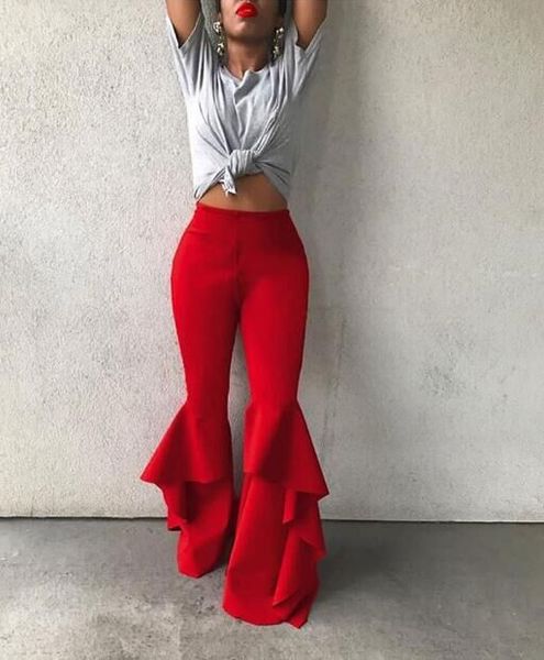 

vintage dancer solid black trouser for women high waist flare pants female casual double ruffle trousers palazzo skinny bottoms, Black;white