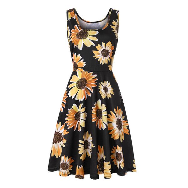 

women sleeveless sundress vintage beautiful flower print summer beach a line casual dress 2018 mini vestido de mujer, Black;gray