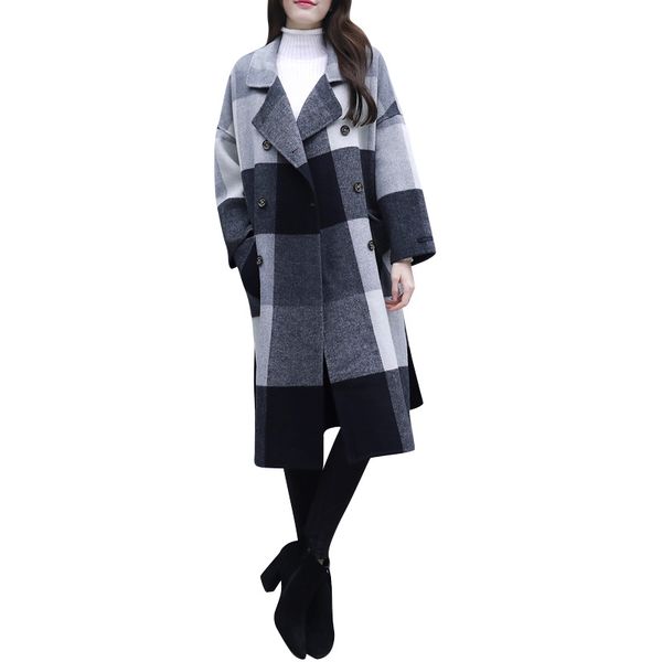 

autumn winter woolen coat women 2018 new fashion overcoat plaid loose coats with wool woolen jacket medium long outerwear female, Black