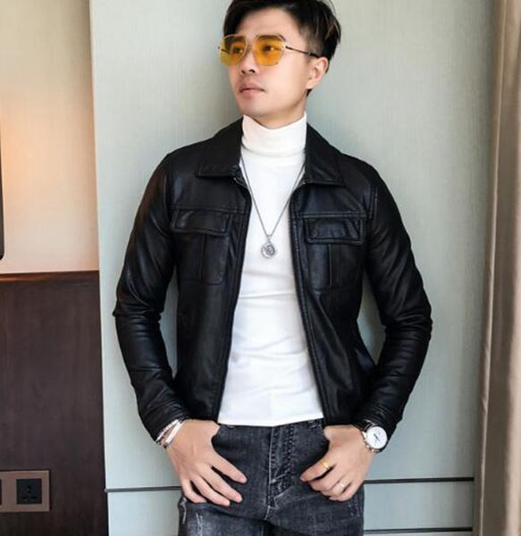 

men's fall european american korean version of british boutique fashion leisure personality handsome zipper leather coat / m-3xl, Black