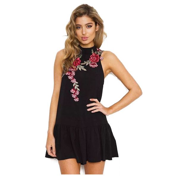 

women's fashion new summer flower embroidery dress sleeveless halter evening dress pleated backless party short dresses, White;black
