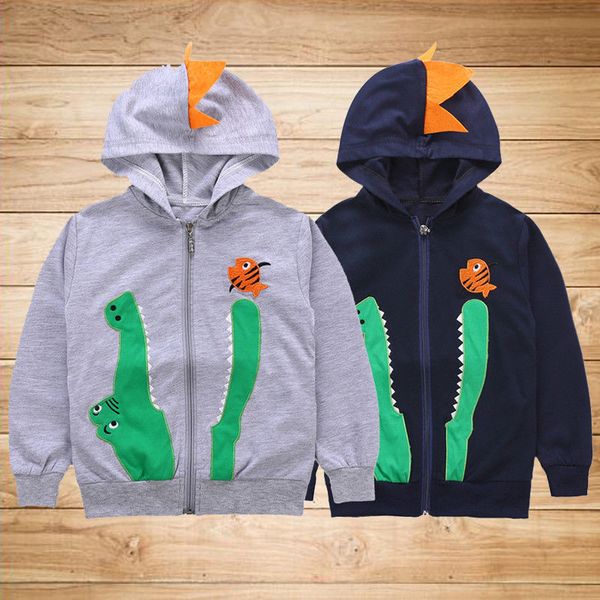 

3-8 year's chldren crocodile pattern jacket kids baby boy zipper hooded hoodies tracksuit coat clothes long sleeve autumn coats, Blue;gray