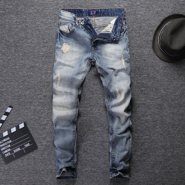 

fashion streetwear men jeans light blue slim fit destroyed ripped jeans for men embroidery patch design vintage classical