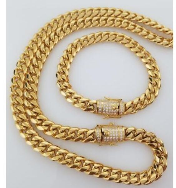 

Men 18k Gold Plated 10mm Lab Diamond Clasp Miami Cuban Curb Chain & Bracelet