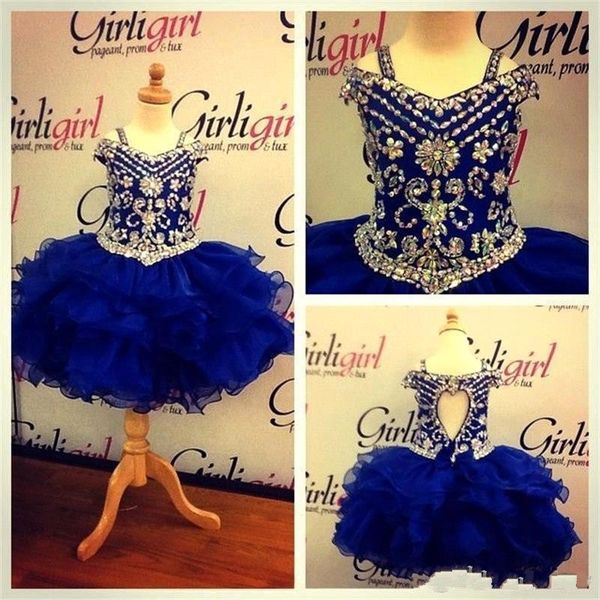 Vendita calda Abiti da spettacolo per ragazze Royal Blue Cold Shoulder Ruffles Organza 2018 Bling Crystal Cake Ball Gowns Abiti da prima comunione economici