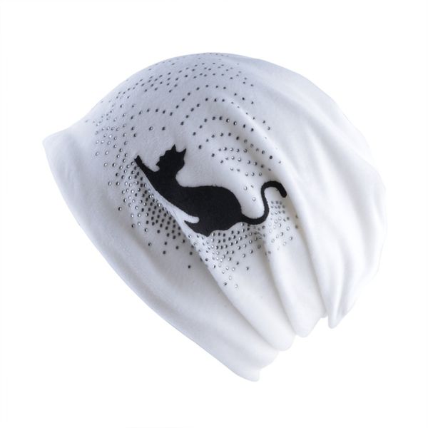 

women's beanie hat winter warm velour rhinestones slouchy beanie for girls female black cat print ski thick skullies&beanies, Blue;gray