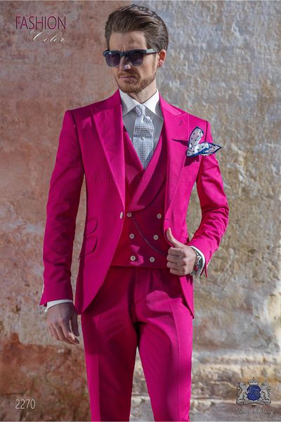 New Style Groomsmen Hot Pink Smoking dello sposo Peak Risvolto Abiti da uomo Wedding Best Man Bridegroom (Jacket + Pants + Vest) L127