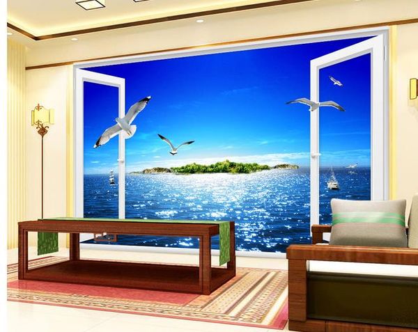 

p wallpaper for walls 3d window seascape seagull tv background wall