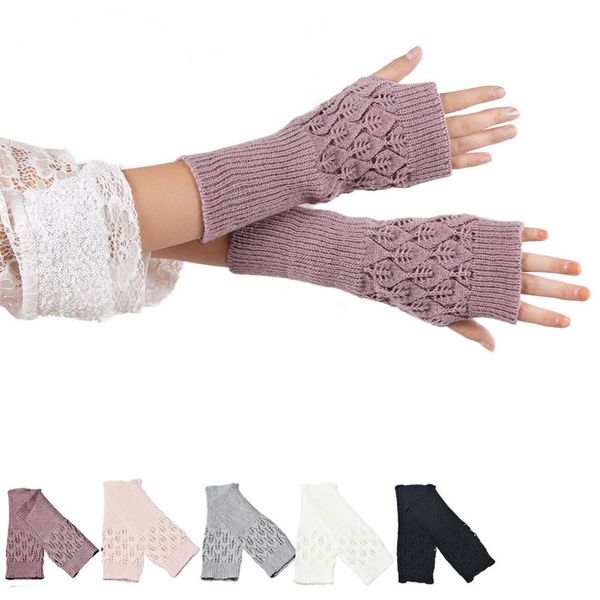 

2018 fashion warm knitted fingerless gloves hollow out leaves long section winter long fingerless knitting wool mittens, Blue;gray