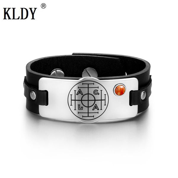 

kldy leather bracelet men women magic circle amulet red gem stone adjustable bracelet stainless quality good luck jewelry, Golden;silver