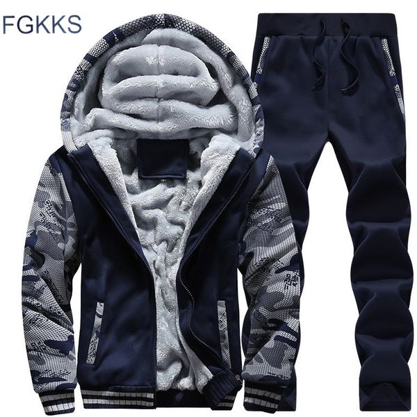 

fgkks casual mens tracksuit set winter two piece cotton warm thick hooded jacket+pants sporting suit male sportswear+pants, Gray
