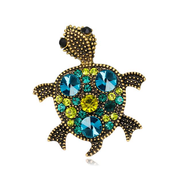 Rhinestones Do Vintage das mulheres Pequeno Turtle Brooch Bronze Colorido Cristal Pin Interessante Moda Jóias para Terno Casaco Jaqueta