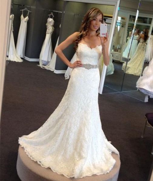 

full lace mermaid wedding dresses with crystal belt fall court train beaded ivory tulle plus size corset brial gowns with lace up, White