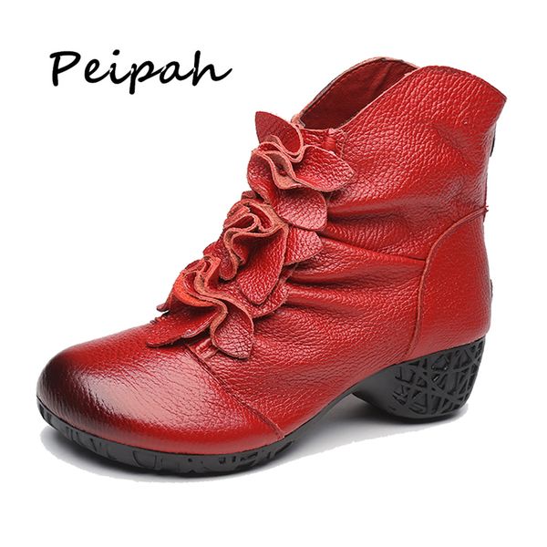 

peipah genuine leather women's ankle boots autumn winter women boots high heeled floral shoes woman botas mujer, Black