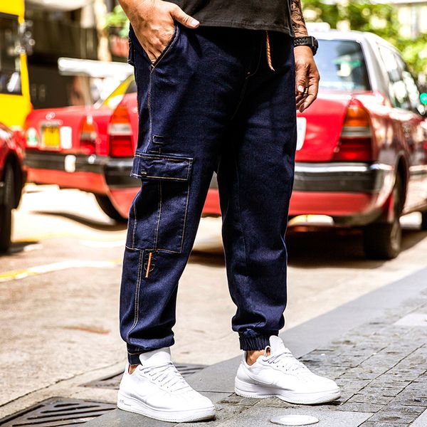 

mens cargo jeans pants multi pockets loose jeans for men hip hop baggy trousers men's denim trousers plus size 30-42 44 46, Blue