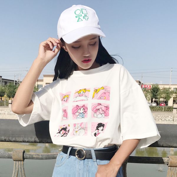 

sailor moon kawaii t shirt summer women 2018 harajuku t-shirts print loose tee shirt femme japan cartoon, White