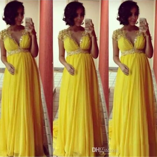 Abiti da sera lunghi in chiffon a maniche corte giallo brillante per le donne incinte di maternità abiti da ballo formali per feste impero perline Crystal320J