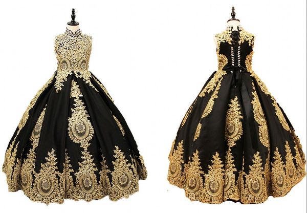 Sexy Black And Gold Lace Flower Girls Dress 2022 High neck With Corset Back Crystal Ball Gown Designer First Communion Pageant Dresses