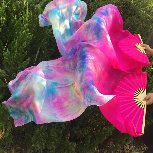 

wholesale dyed 100% pure natural silk fan veils for belly dance 180cm long silk fan for dancer show on the stage a pair, Black;red