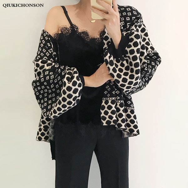 

elegant korean chic deep v neck sweater cardigan women vintage lantern sleeve polka dot waist belt tunic knitted cardigans femme, White;black