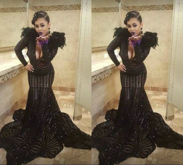 

black mermaid prom dresses sweep train deep v neck long sleeve luxury evening gowns sequins beaded feather formal dress party wear