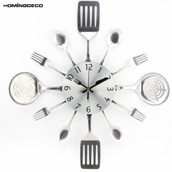 

homingdeco kitchen wall clock 3d unique creative mute kitchen utensils toned forks spoons spatulas wall clock gift - silver