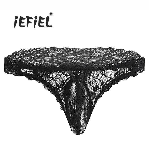 

iefiel men lingerie lace floral see through briefs underwear underpants with bulge pouch wetlook jockstraps panties for gay men, Black;white