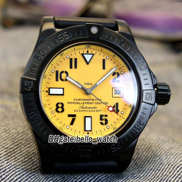 

new 45mm date avenger seawolf a1733110 yellow dial automatic pvd black steel case rubber strap wristwatches, Slivery;brown