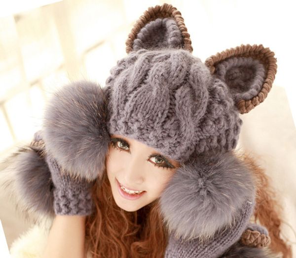 

cat ears women hat knitted acrylic warm winter beanie caps crochet fur 2018 new girlfriend's gift, Blue;gray