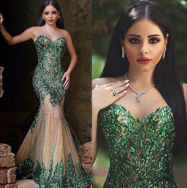 Novo Estilo Árabe Verde Esmeralda Sereia Vestidos de Noite Sexy Sheer Tripulação Pescoço Lantejoulas Mão Elegante Disse Mhamad Longos Vestidos de Baile Frete Grátis