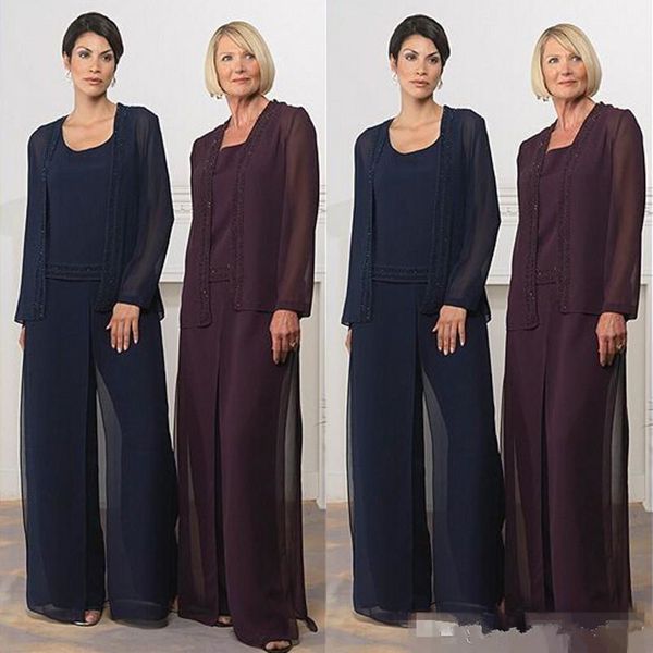 Nuovi pantaloni per la madre della sposa, abiti a maniche lunghe, chiffon blu scuro, da donna, abiti da cerimonia formale da sera su misura, economici