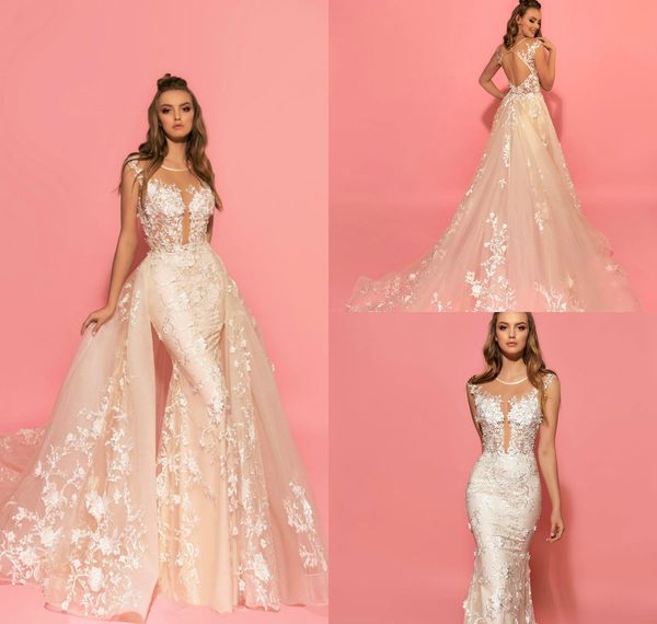 

eva lendel mermaid wedding dresses with detachable train jewel neck hollow back country wedding dress sweep train beach bridal gowns, White