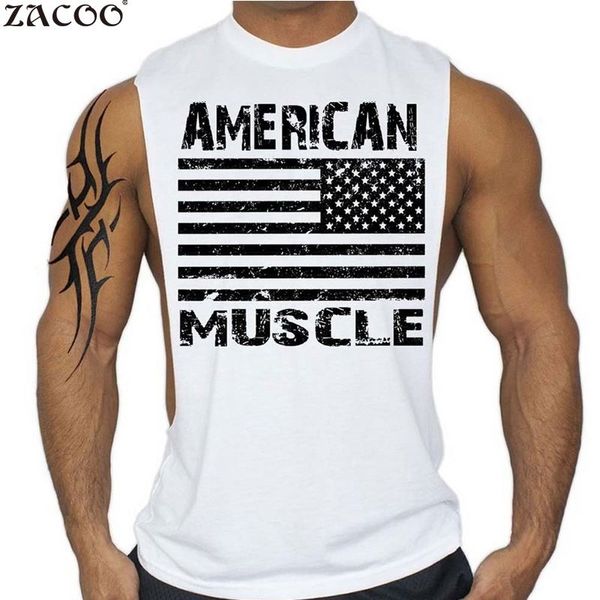 

zacoo summer men' casual fitness side slit printing crew neck sleeveless vest summer bodybuilding fitness workout tanks, White;black