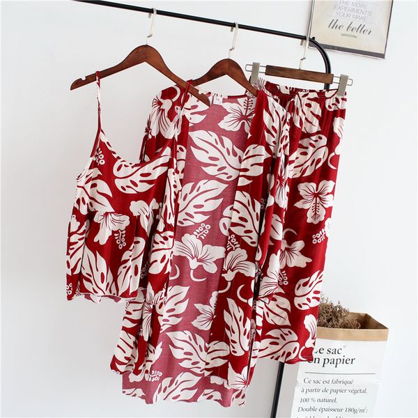 

female kimona sleepwear set women nightgown robe set three pieces floral prints robe and spaghetti straps with pants, Black;red
