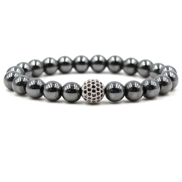 8mm Hematita Pedra Negra Contas Pave Preto CZ 10mm Bola Charm Bracelet Jóias Presente Para Mulheres Dos Homens