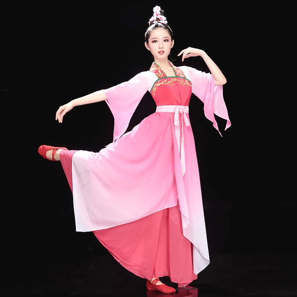 

chinese folk dance costume for woman oriental ancient hanfu stage performance chiffon pink plus size xl 2xl 3xl 4xl embroidery, Black;red