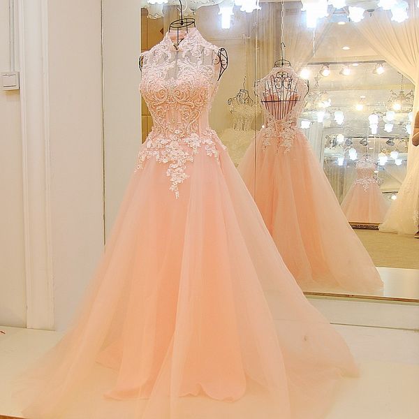 

2019 formal party dresses high neck a line sleeveless floor length lace up backless beaded tulle evening gown prom pink, Black