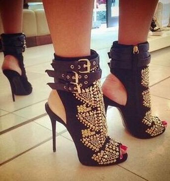 

Золотой кристалл шпильки украшенные короткие ботильоны вырезы Peep Toe сандалии сап