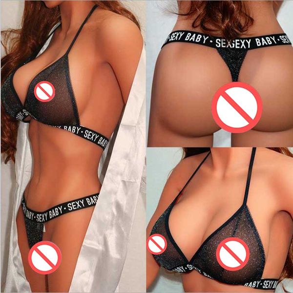 

erotic underwear explosion models new gold and silver perspective letters printing underwear set lingerie women, Black