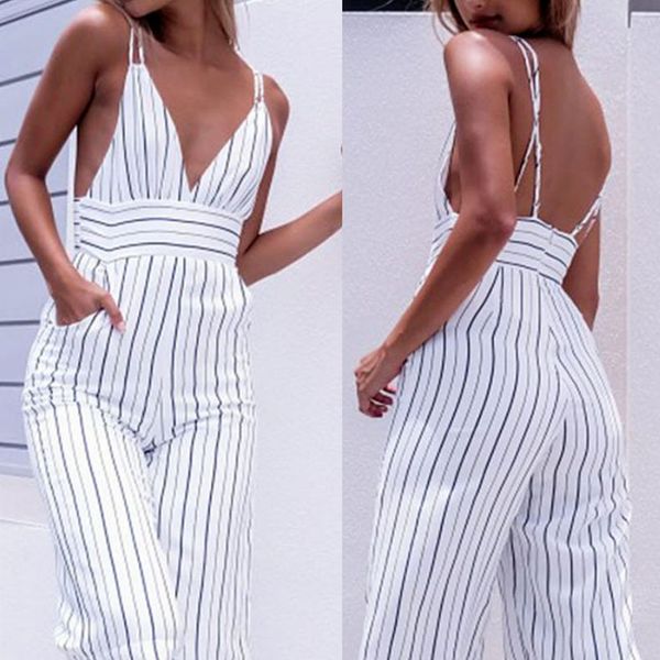 

women ladies fashion new deep v neck jumpsuits summer off shoulder slim jumpsuits casual backless striped, Black;white