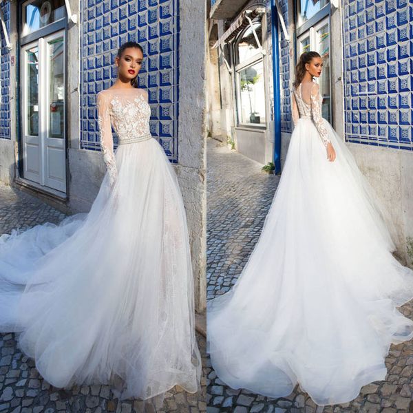 

sexy 2018 line beach свадебные платья с длинными рукавами кружева аппликация бусы свадебные платья sweep поезд тюль плюс размер свадебное пл, White