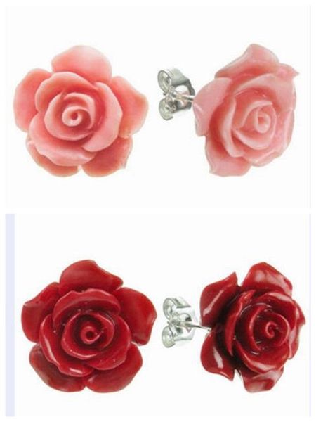 

pretty 2 pair 12mm pink / red coral rose flower silver stud earring, White