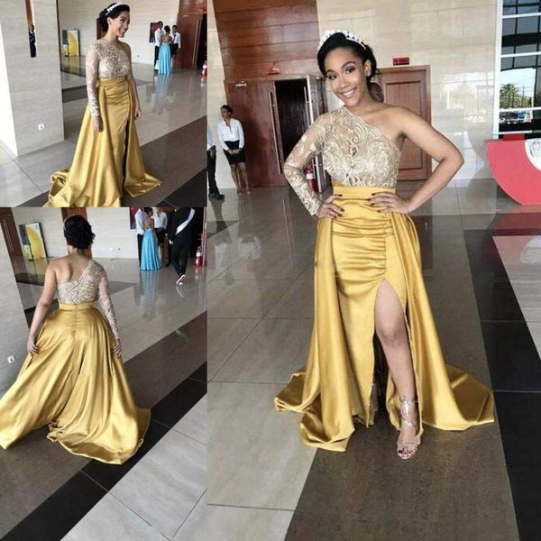 

2018 sexy one shoulder prom dresses с длинным рукавом кружева с аппликациями стороны сплит вечерние платья a-line middle west стиль вечерние, Black