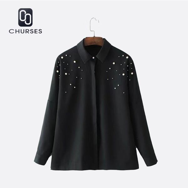 

churses 2017 women elegant beading pearls black shirts turn-down collar blouse long sleeve female casual office wear blusas, White