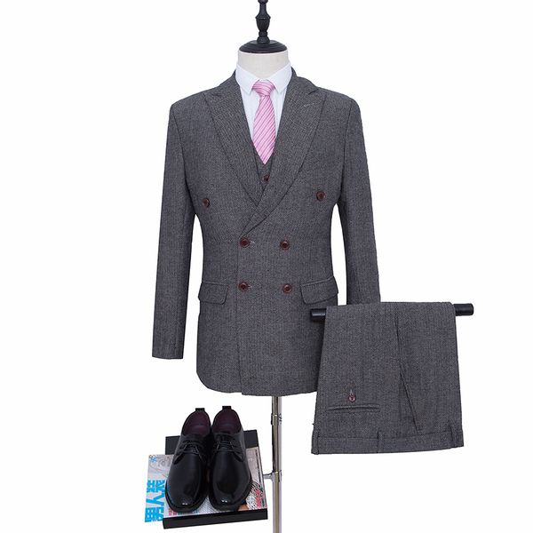 

grey wedding suit harringbone groom tuxedos double breasted blazer for groomsman suit tailor man (jacket +pants+vest, White;black