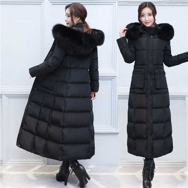 

extra long down jacket female winter parkas snow coats real fox fur collar thicken warm outerwear overcoat luxury 2018, Black