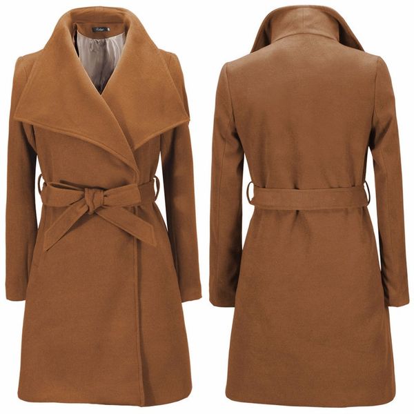 

women slim overcoat elegant classic solid belt wool long coat for women female lady thick winter coat, Black