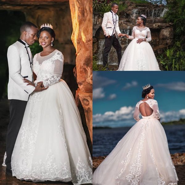 

south african ivory a line tulle long wedding dresses lace appliques sheer long sleeves bridal gowns open back beach wedding gowns, White