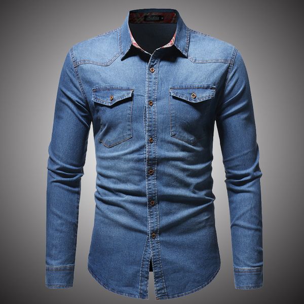 

2018 spring autumn denim shirt men casual long sleeve fit slim personality pocket black blue hombre blouse d2866, White;black