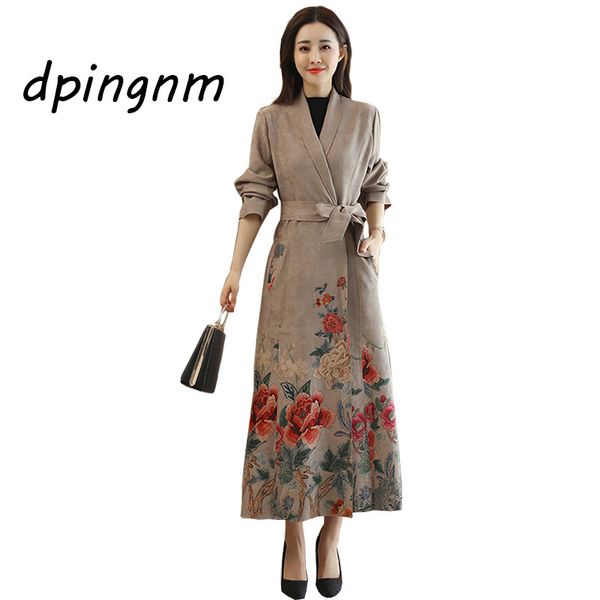 

new women windbreaker deerskin suede print coats autumn fashion long section trench coat plus size slim female coat, Tan;black